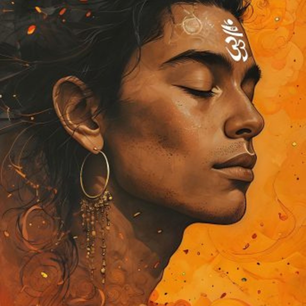 Portrait spirituel d'une personne méditant, symbole Om sur le front, fond orange vibrant — incarnation de paix intérieure et de connexion spirituelle.